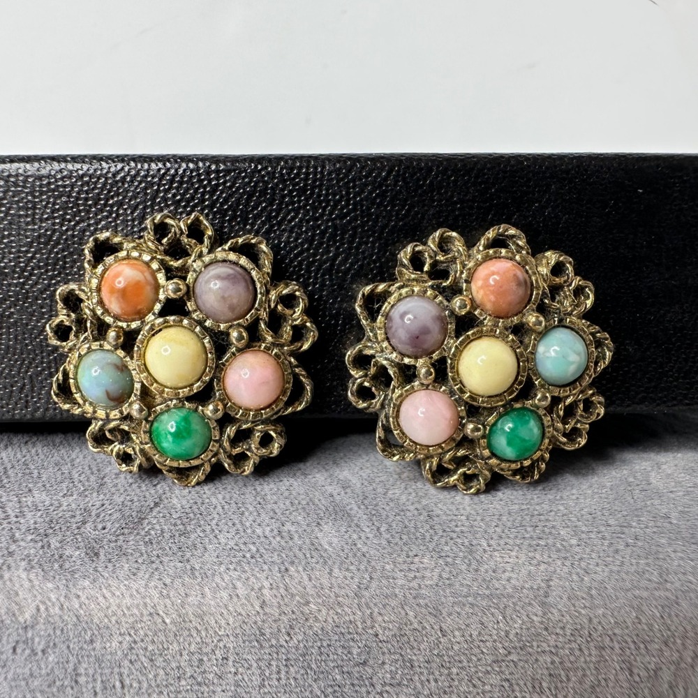 Vtg Sarah Coventry Clip On Earrings Multi Color Lucite Cabs Gold Tone Filigree
